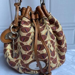 Vtg Fossil Shoulder Hand Bag All Over Bird Print Canvas Leather